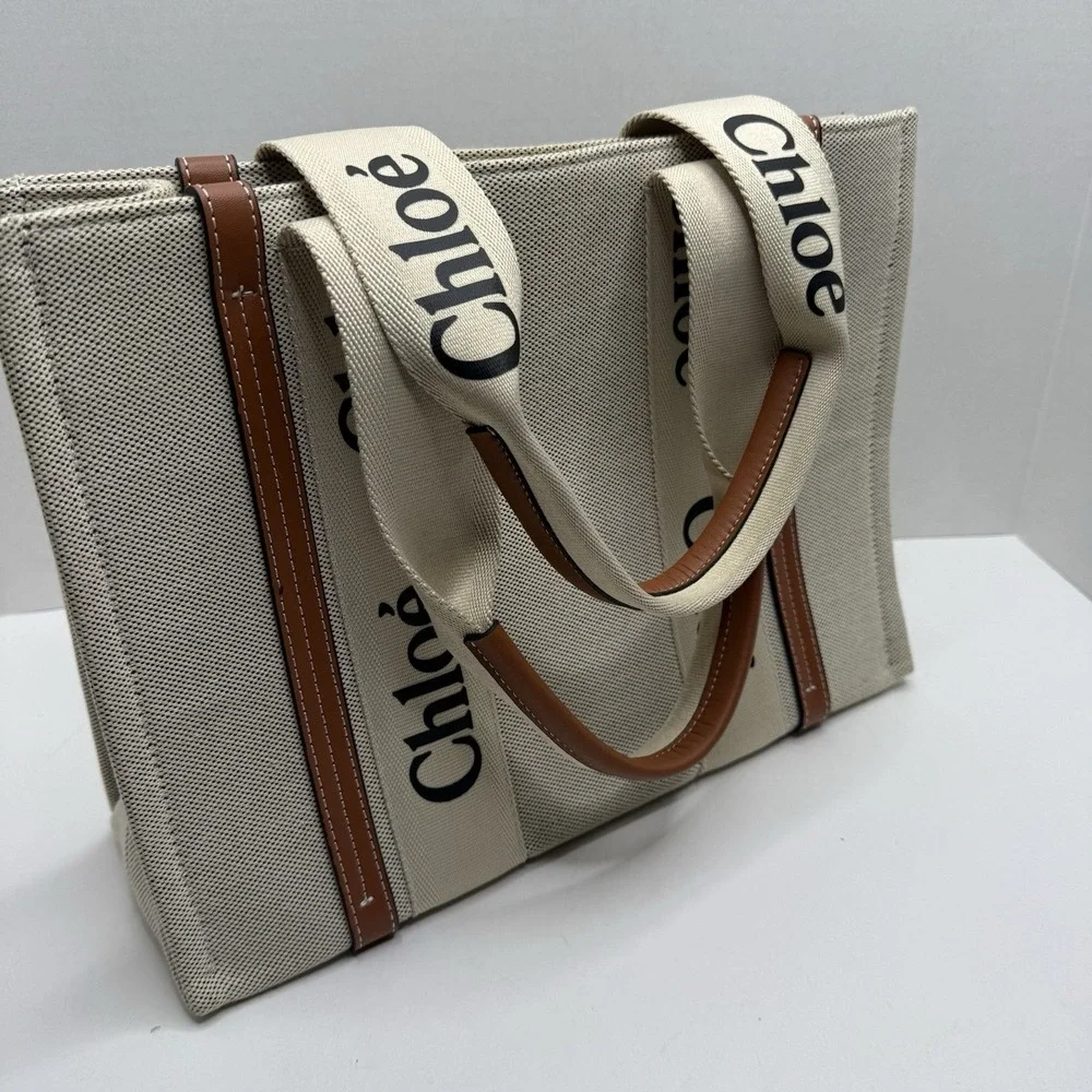 Chloé Woody Medium Tote Beige Canvas Brown Leather Logo Tote Bag Italy